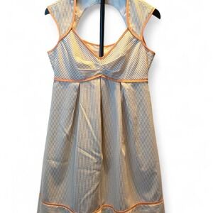 London Times Women Taupe White Striped Dress Coral Trim Keyhole Back Size 4